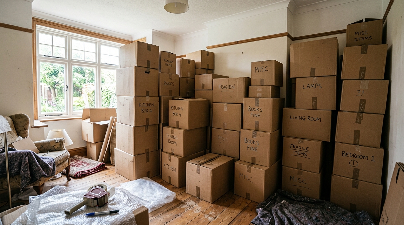 Estimer le volume d'un déménagement en m3 Cartons de déménagement empilés dans un salon avant un départ