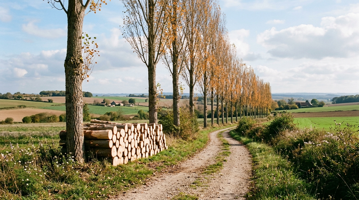 Buches de peuplier fraichement coupees Rondins de peuplier fraichement coupes empiles au pied des arbres