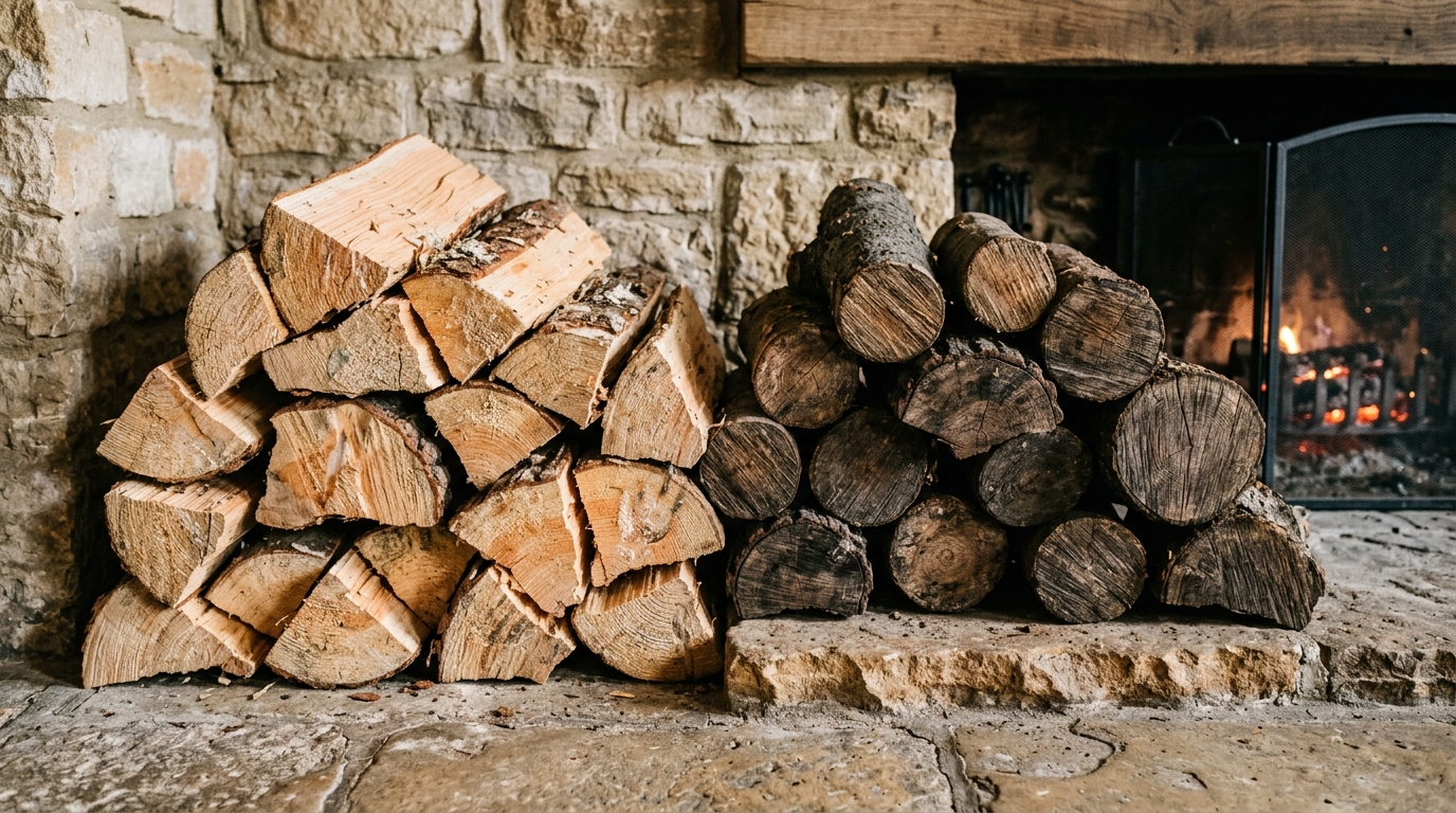 Comparatif buches bois tendre et bois dur Deux piles de buches de bois de densites differentes cote a cote