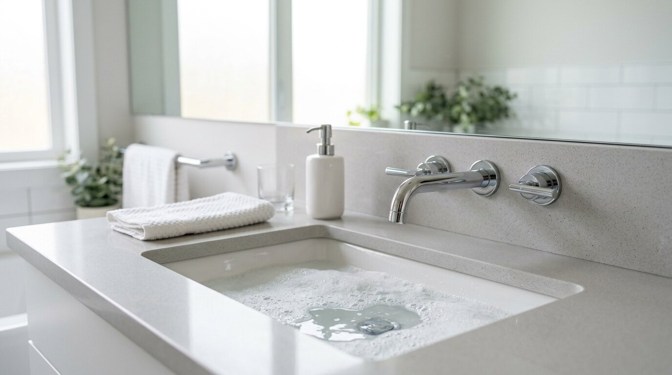 Robinetterie chromée propre avec mousse de savon délicate dans un lavabo moderne