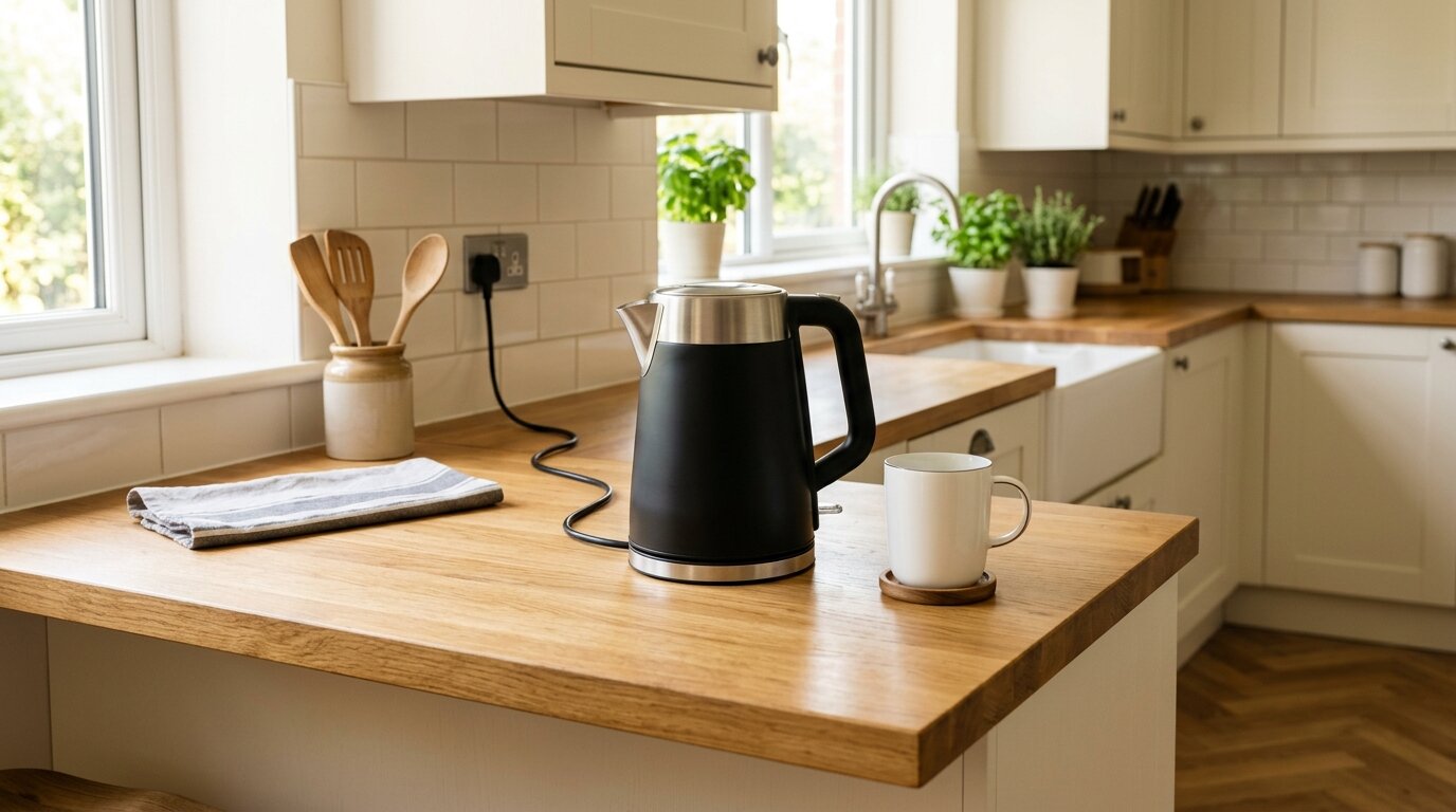 Bouilloire électrique moderne posée sur un plan de travail de cuisine élégante