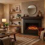 Salon moderne chaleureux avec cheminée électrique allumée et fauteuil confortable