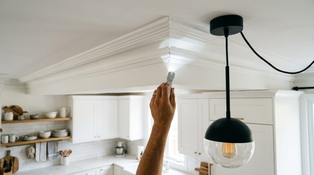 Inspection angle plafond cuisine avec lampe Personne inspectant un angle de plafond de cuisine à la lampe torche