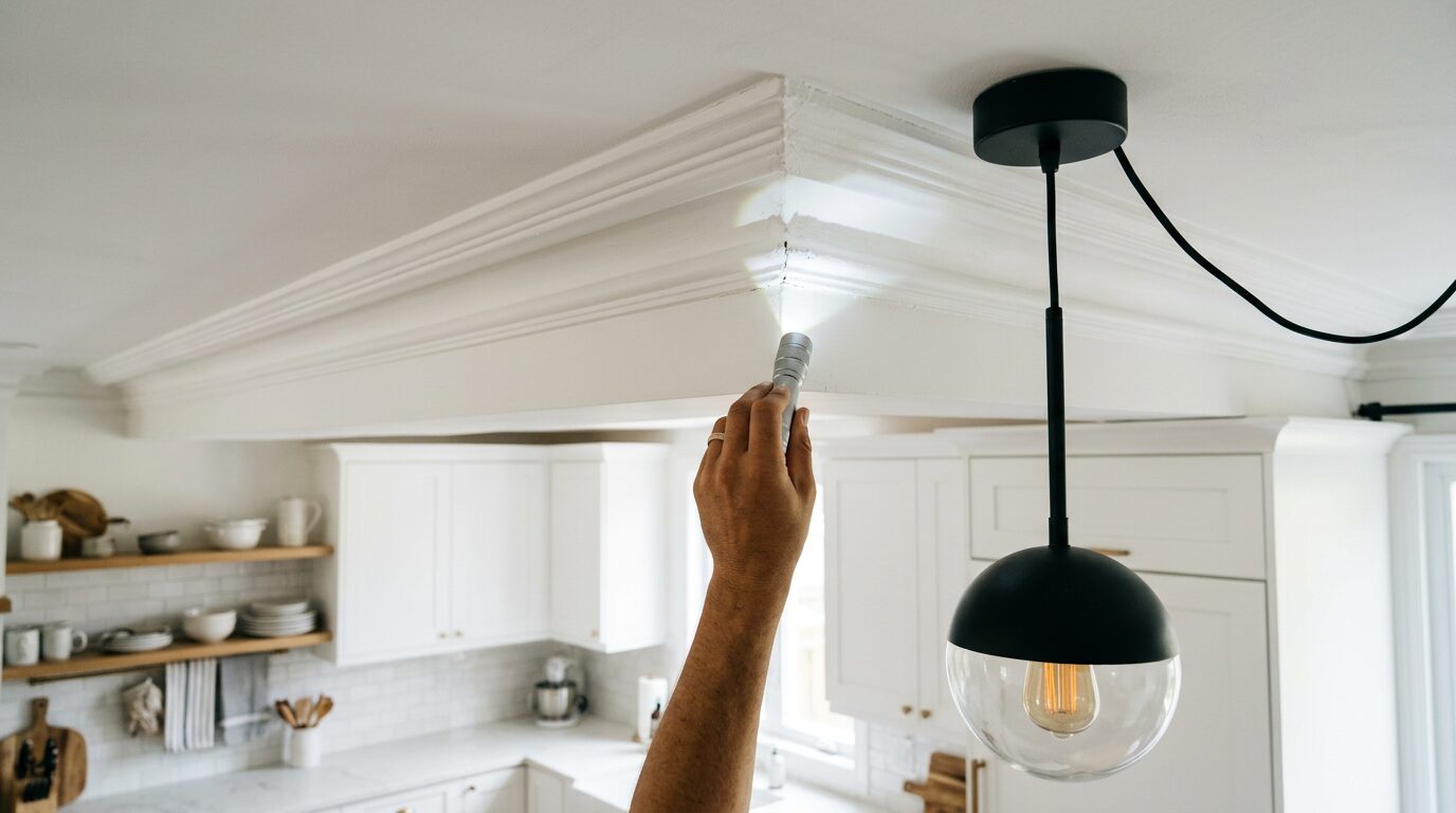 Personne inspectant un angle de plafond de cuisine à la lampe torche