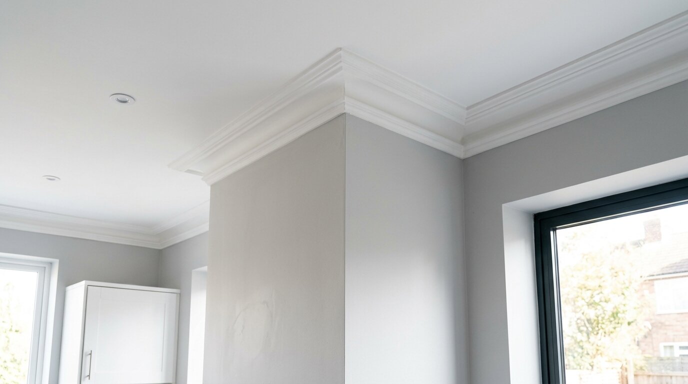 Corniche blanche angle plafond cuisine moderne Angle de plafond et corniche blanche dans une cuisine lumineuse et épurée