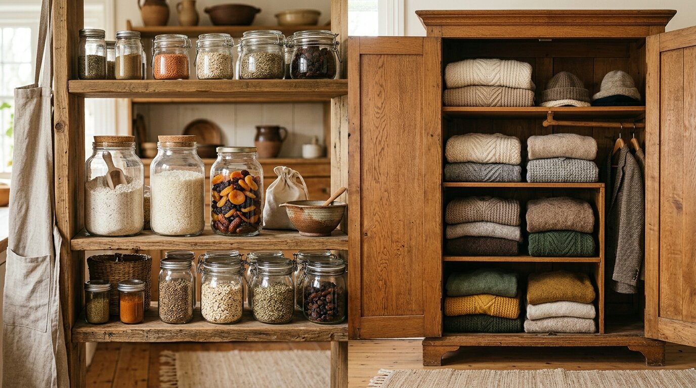 Bocaux hermétiques et pulls en laine Bocaux de farine et riz à côté d'une armoire avec pulls en laine pliés