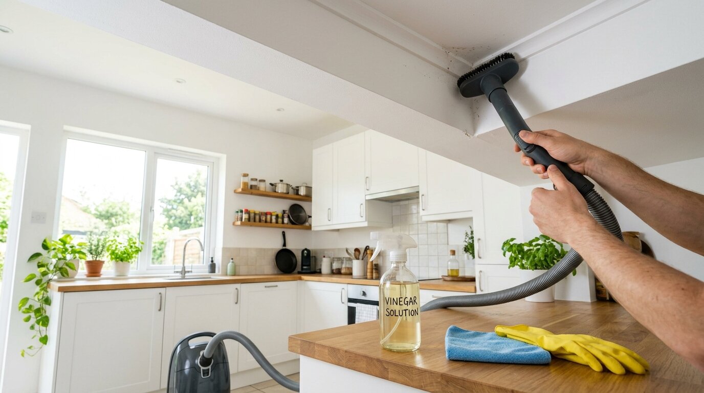 Nettoyage angle plafond au vinaigre Aspirateur nettoyant un angle de plafond de cuisine près d'un vaporisateur de vinaigre