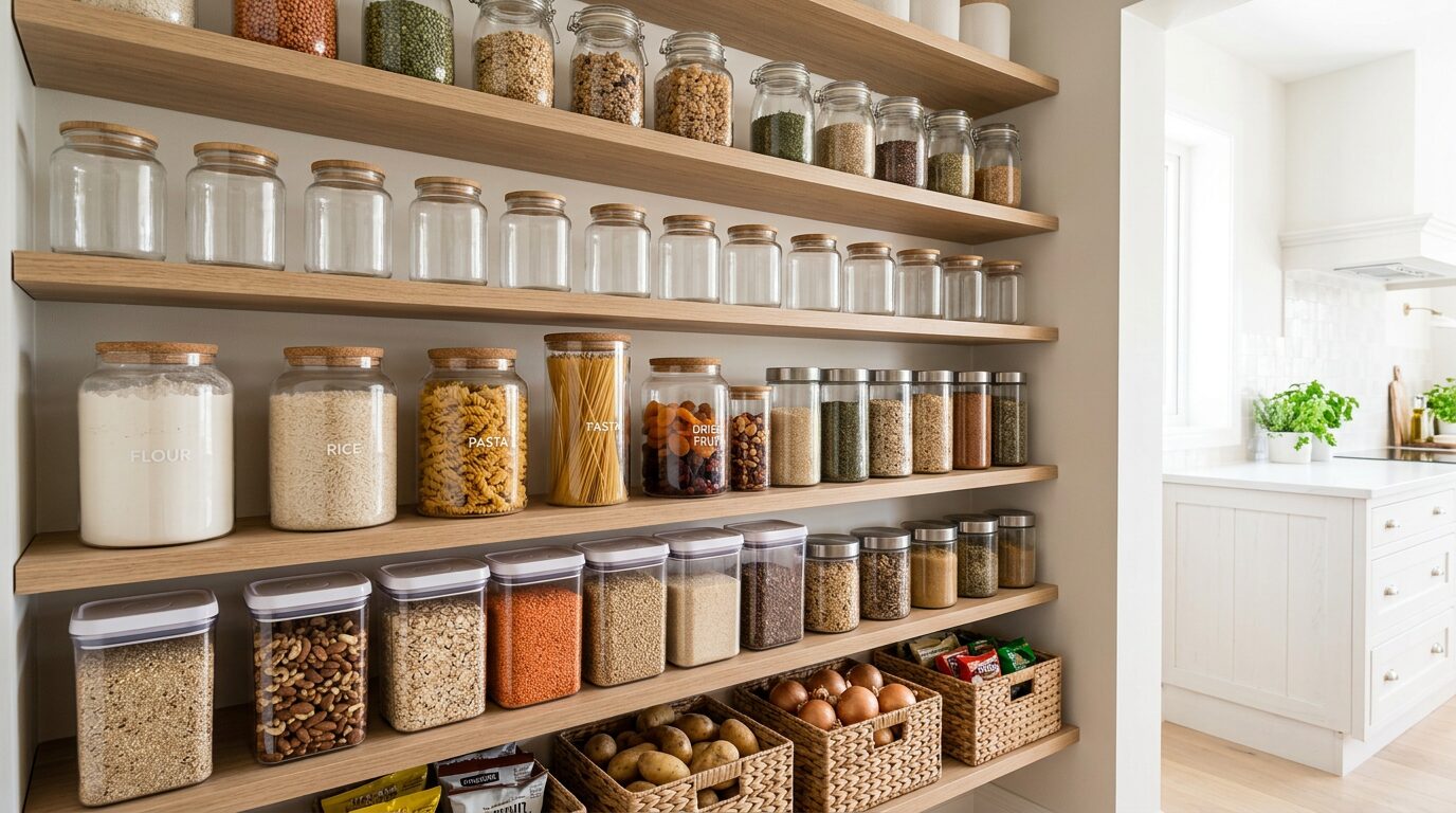 Étagère garde-manger organisée avec bocaux hermétiques Étagère de garde-manger organisée avec bocaux hermétiques de farine riz et pâtes
