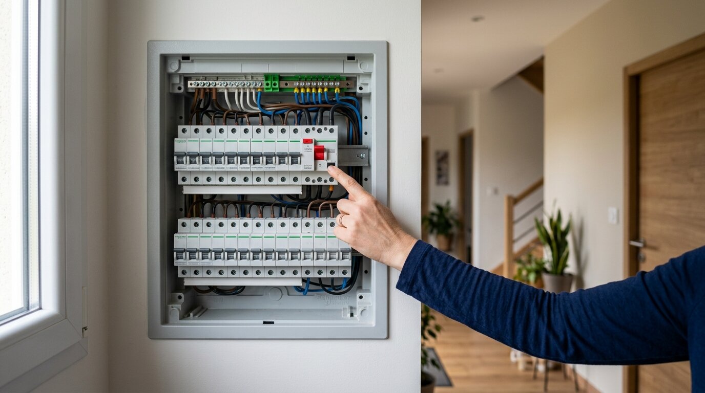 Main testant un disjoncteur différentiel sur un tableau électrique domestique