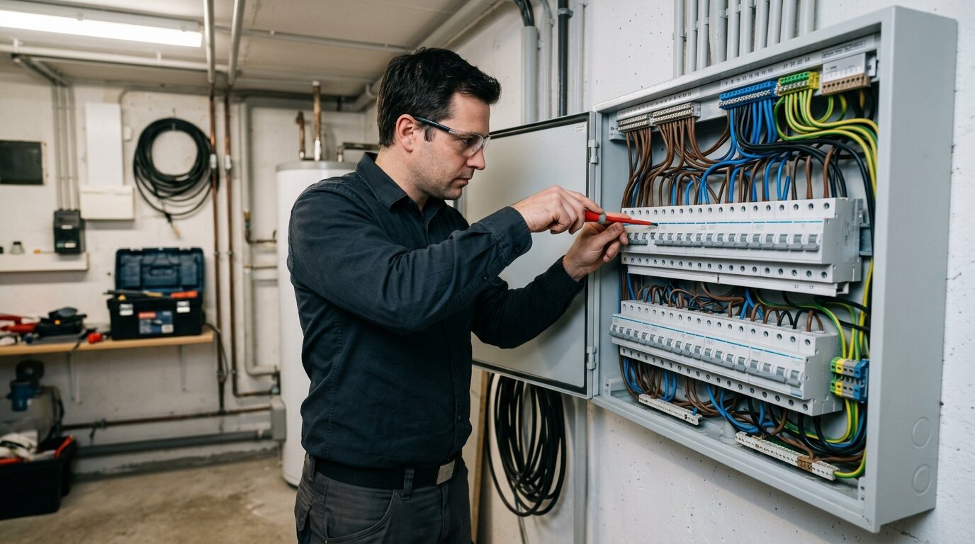 Personne testant les disjoncteurs un par un sur un tableau électrique résidentiel