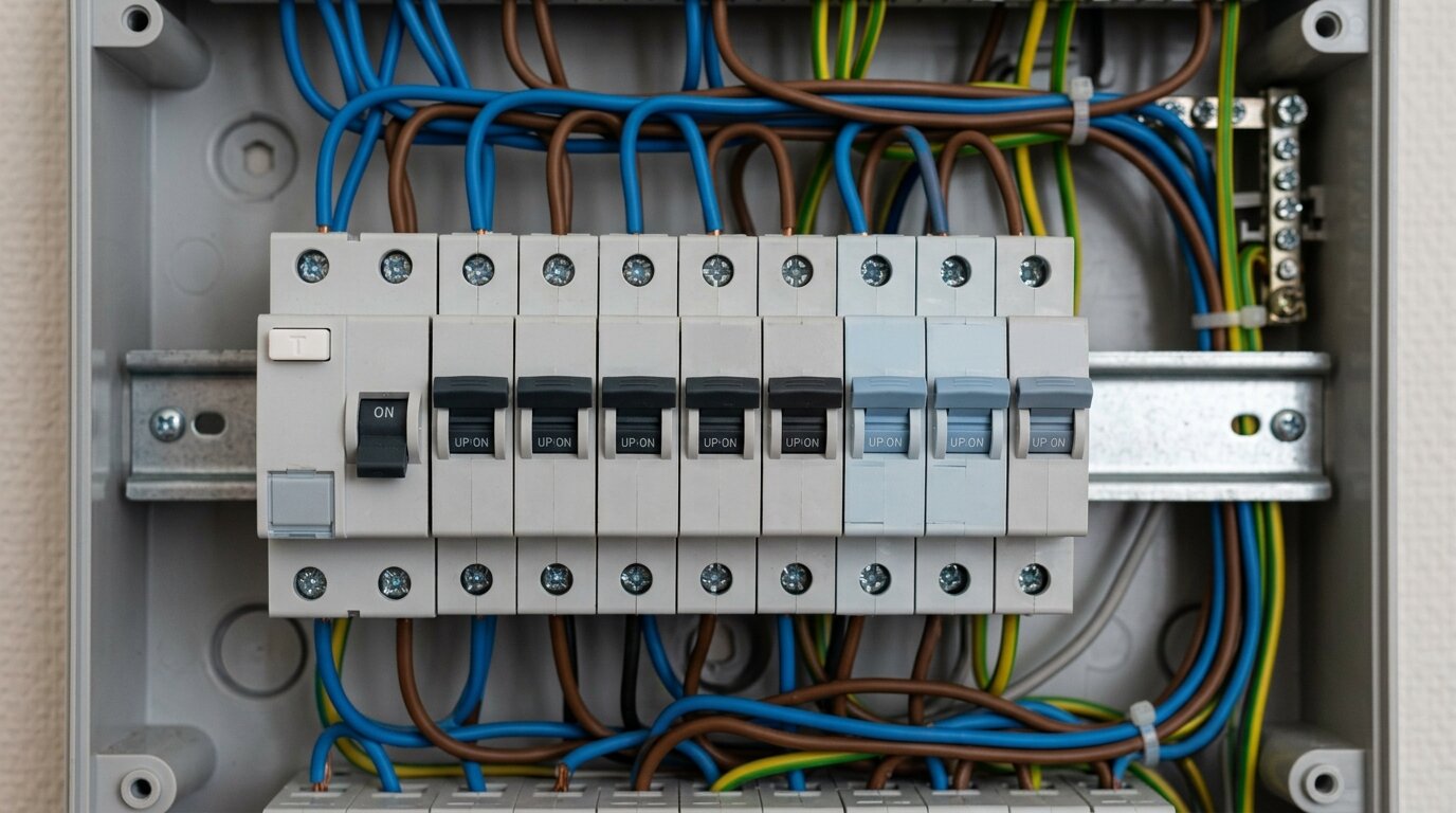 Disjoncteurs divisionnaires et différentiel côte à côte dans un coffret électrique ouvert