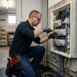 Électricien professionnel intervenant sur un tableau électrique résidentiel