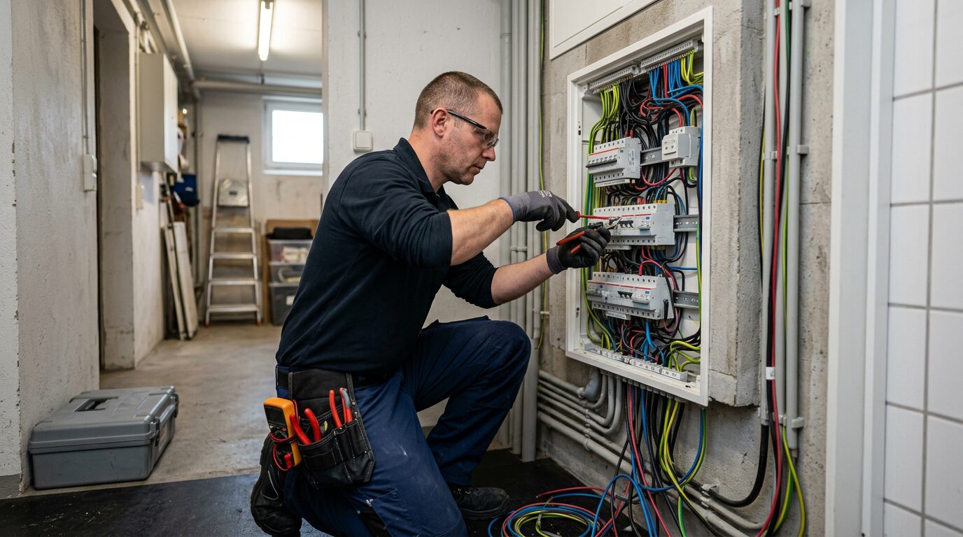 Électricien professionnel intervenant sur un tableau électrique résidentiel