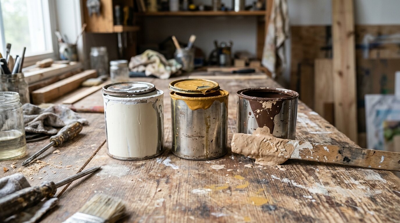 Pots de peinture blanc jaune marron pour dosage beige Pots de peinture blanche, jaune et marron utilisés pour doser un beige