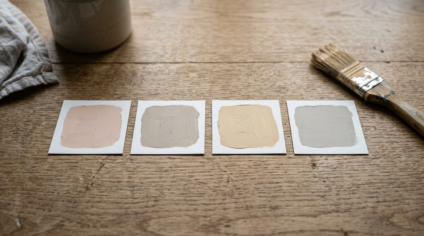 Nuances de beige rosé grisé chaud et froid Quatre échantillons de peinture beige aux nuances rosée, grisée, chaude et froide