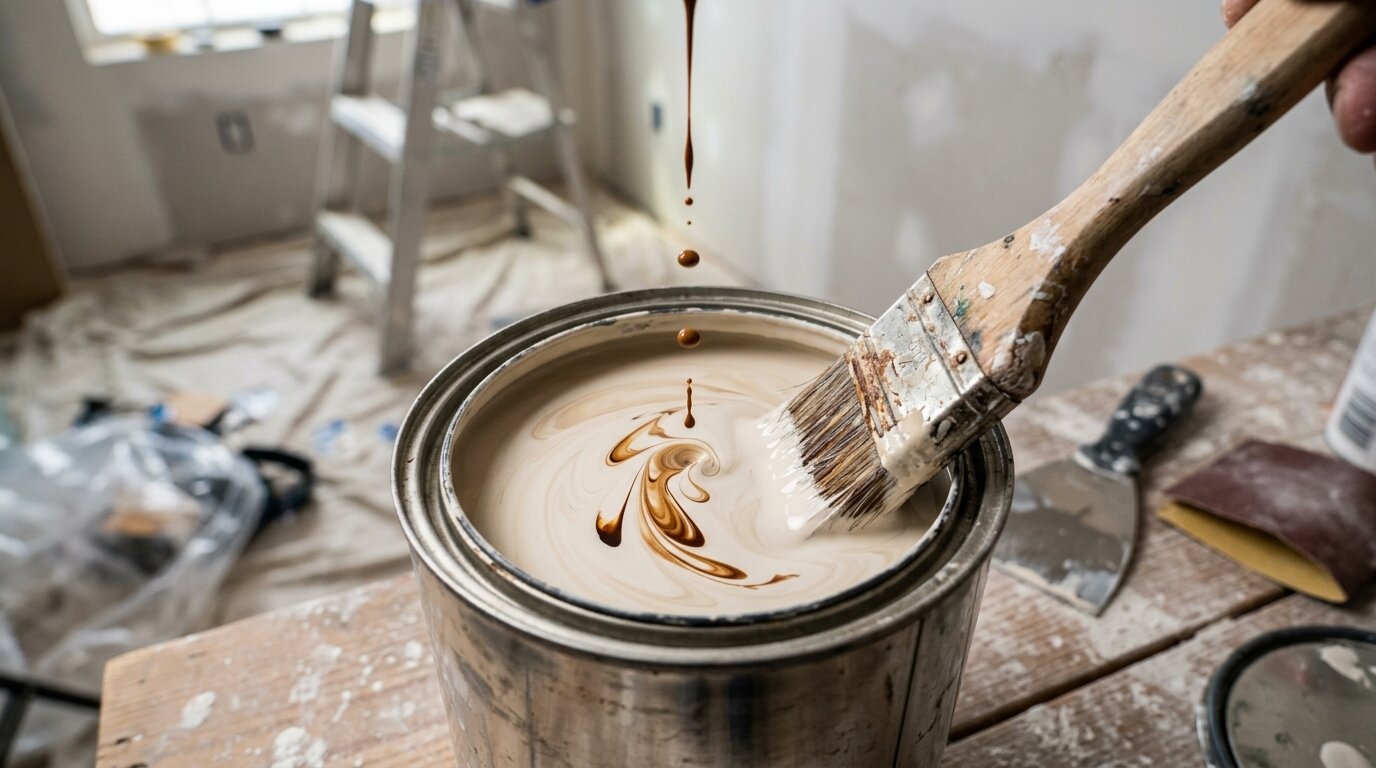 Pinceau trempé dans un mélange de peinture beige Pinceau plongé dans un pot de peinture beige en cours de mélange