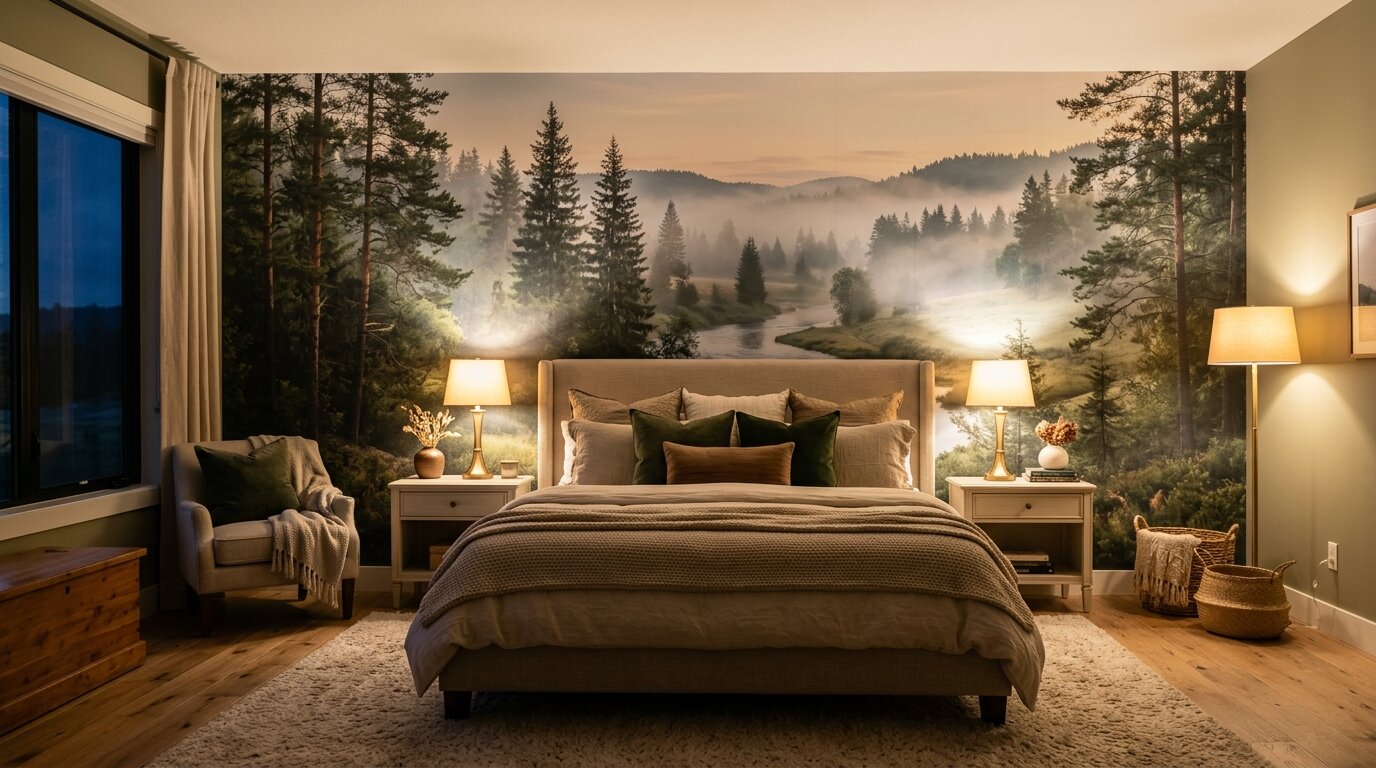 Chambre papier peint panoramique paysage Chambre avec papier peint panoramique représentant un paysage de forêt
