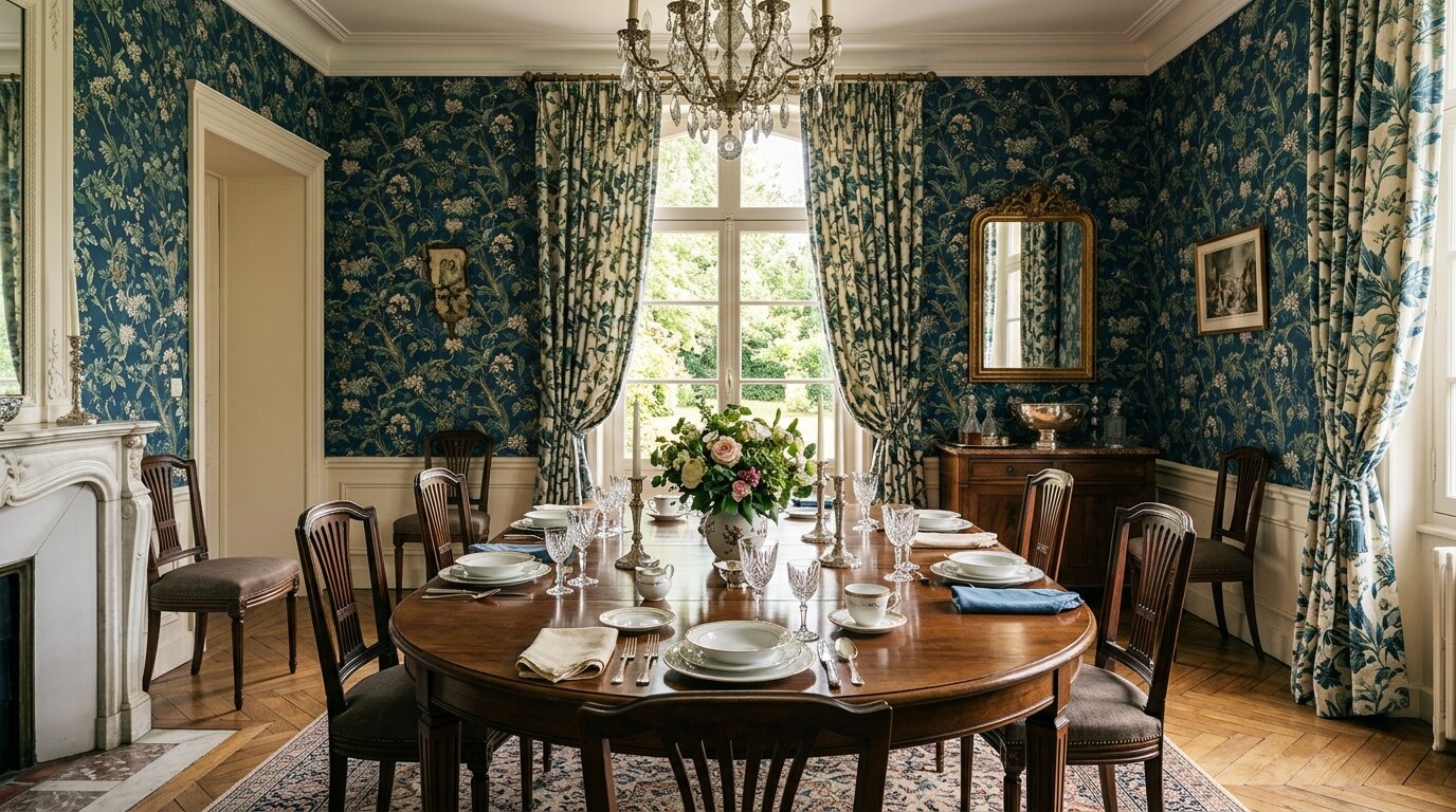 Salle à manger papier peint motif végétal Salle à manger élégante avec papier peint à motif végétal et rideaux assortis