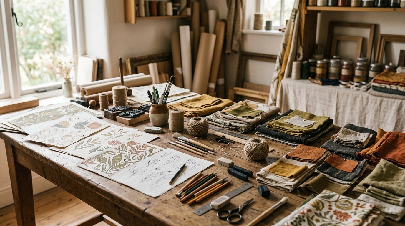 Atelier artisanal création papier peint Table d'atelier artisanal avec croquis et échantillons de papier peint