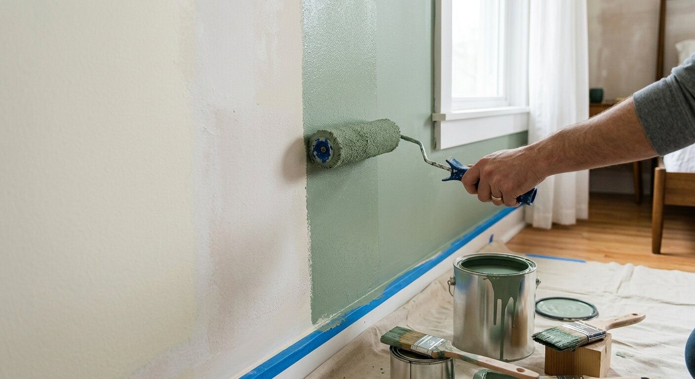 Application de peinture verte sur un mur de chambre Rouleau de peinture appliquant une teinte verte sur un mur de chambre