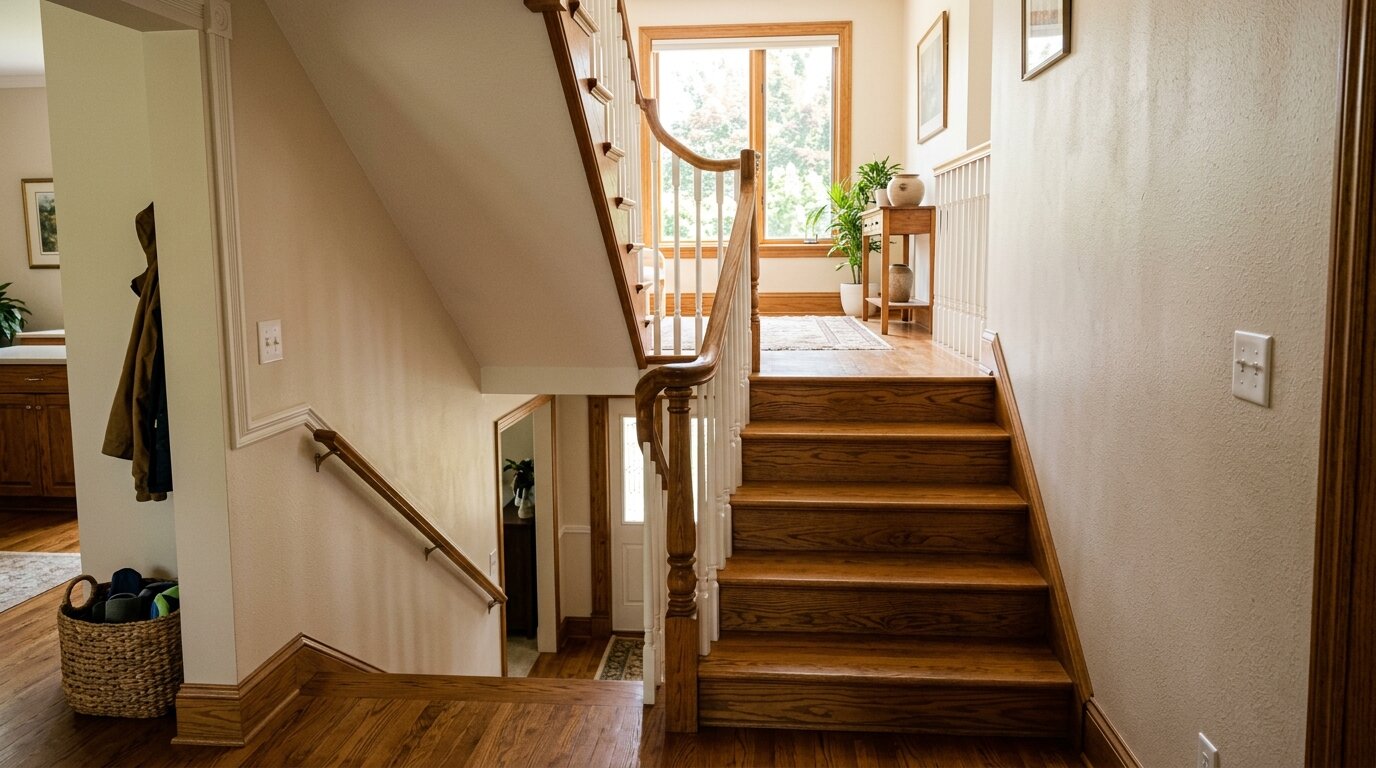 Escalier avec interrupteurs commande lumière Escalier intérieur avec interrupteurs muraux visibles en bas et en haut