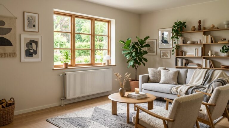 Radiateur à eau installé dans un salon Radiateur à eau blanc fixé au mur dans un salon lumineux