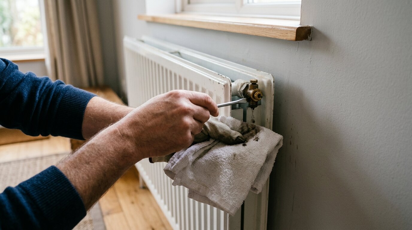 Vannes et purgeur d'un radiateur Gros plan sur le robinet de réglage et le purgeur d'un radiateur