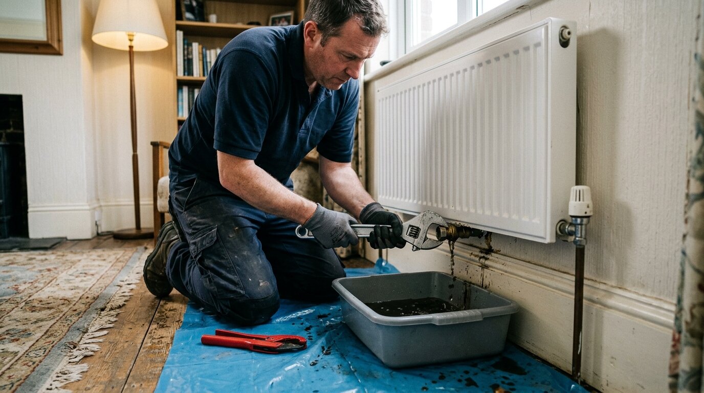 Démontage d'un raccord de radiateur Dévissage d'un raccord de radiateur avec une clé à molette et une bassine