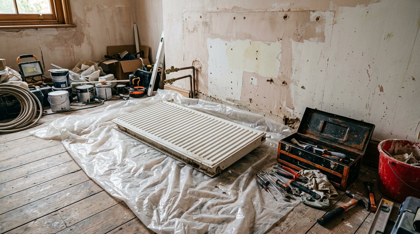 Radiateur démonté posé au sol Radiateur retiré de son support posé sur une bâche de protection