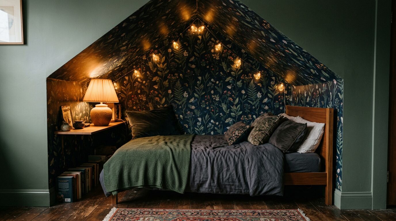 Petite chambre avec papier peint posé sur le mur et le plafond en 2026