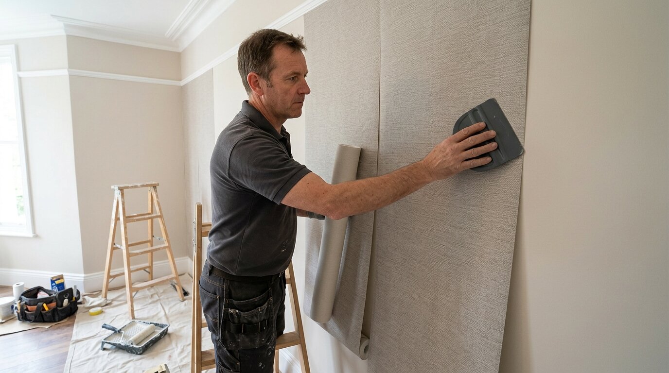 Artisan posant un papier peint intissé texturé au mur avec spatule