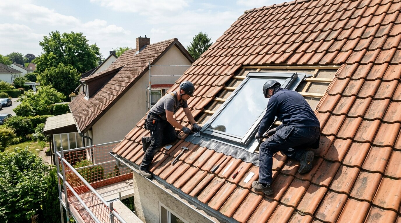 Installation fenêtre de toit toiture Artisans installant une nouvelle fenêtre de toit sur une toiture en pente