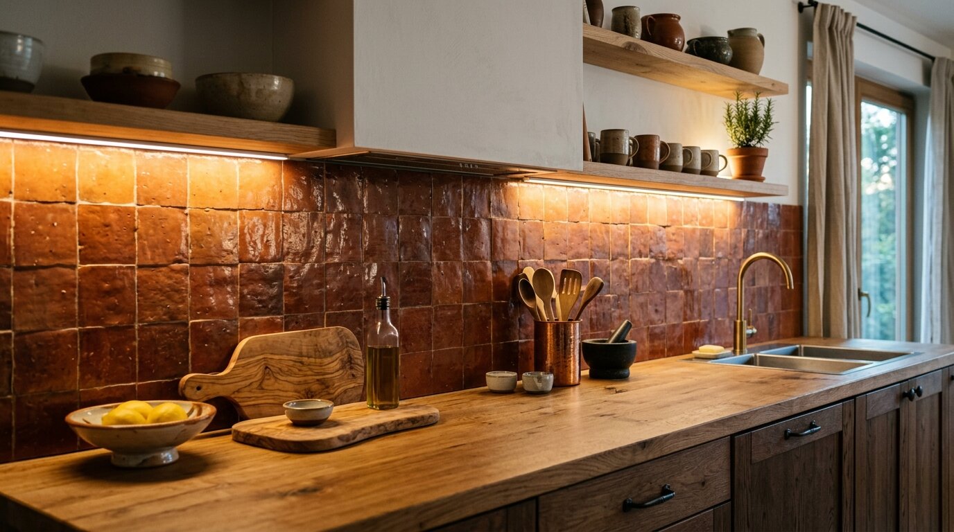 Crédence de cuisine en carreaux terracotta au-dessus d'un plan de travail en bois