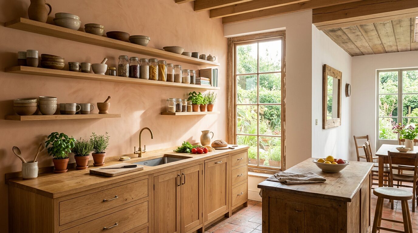 Cuisine lumineuse avec mur terracotta clair et rangements en bois