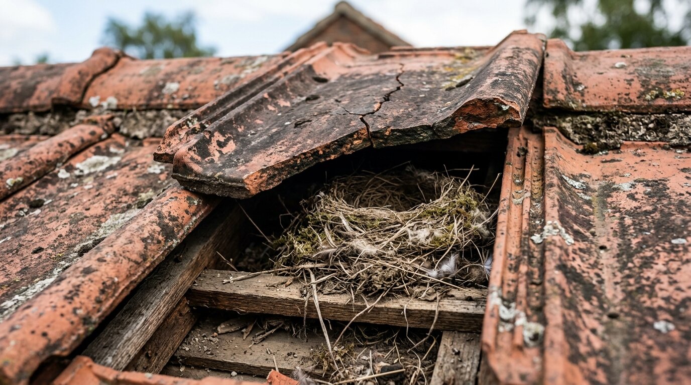 Nid d'oiseau abandonné sous une tuile de toiture fissurée