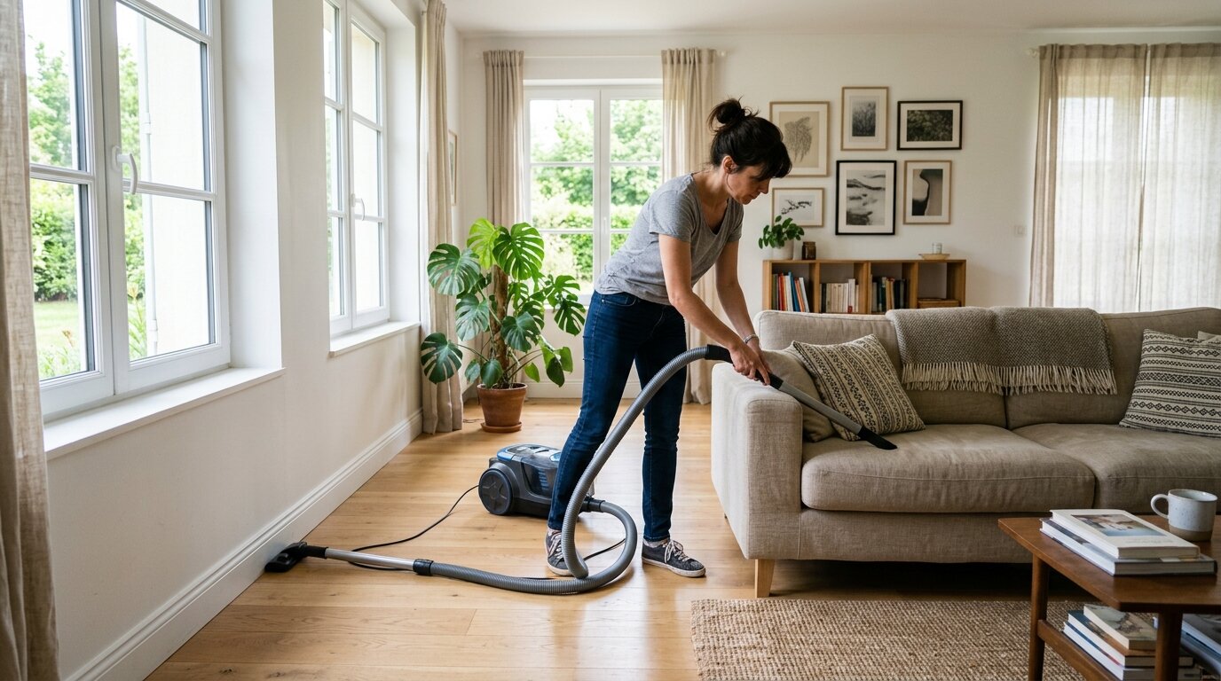 Personne aspirant un canapé et des plinthes pour éliminer les parasites