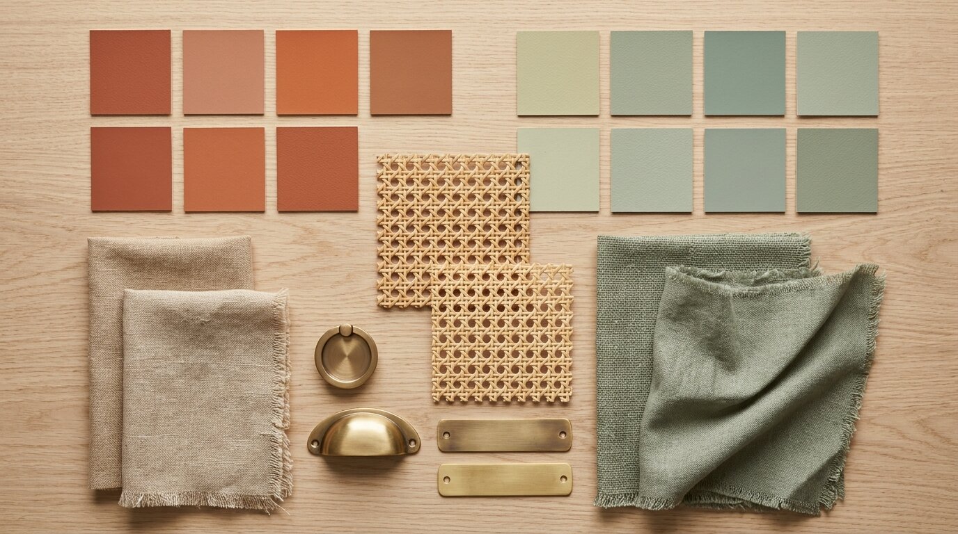 Nuancier terracotta vert sauge Échantillons de peinture terracotta et vert sauge avec matières rotin et laiton