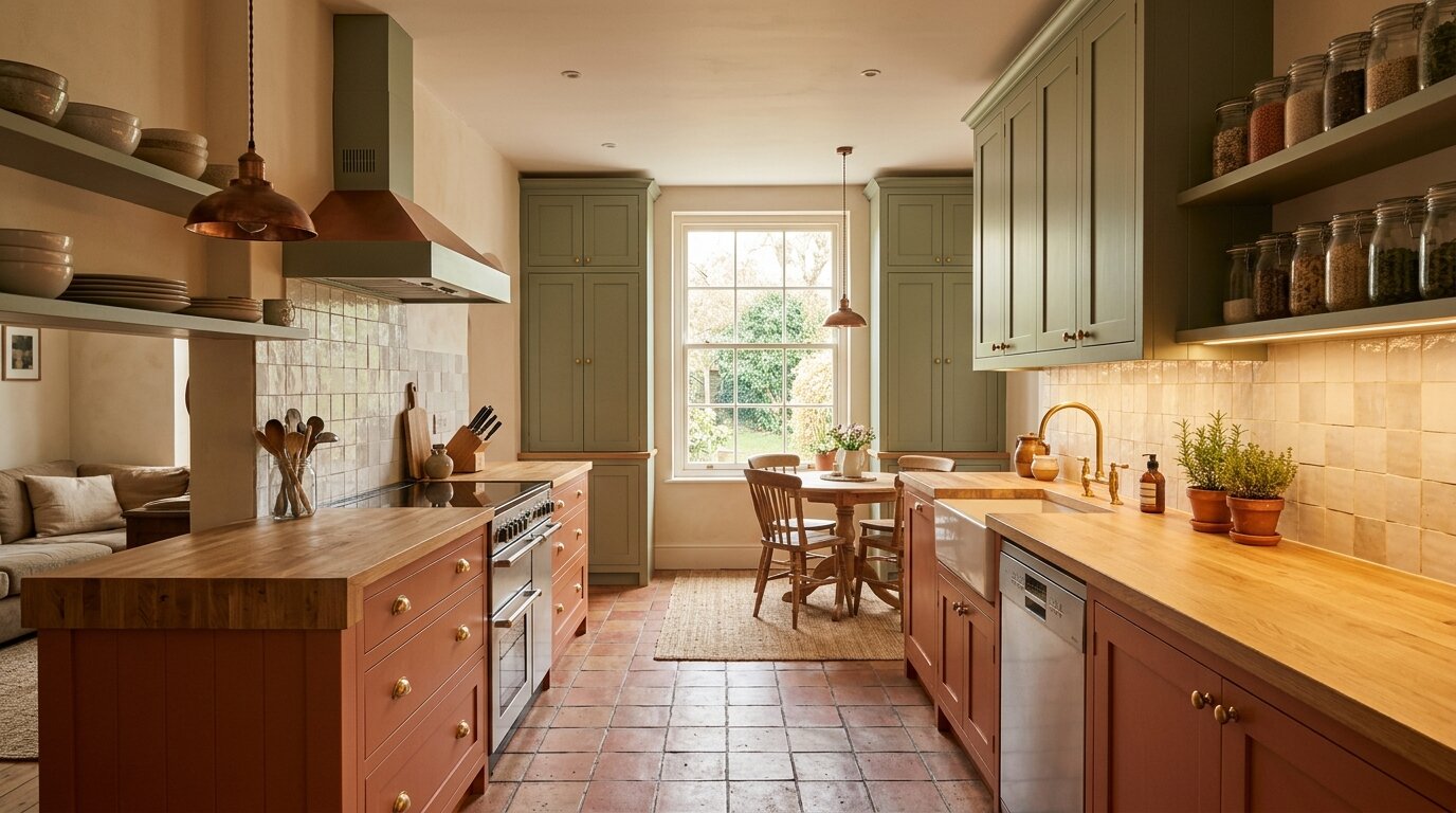 Cuisine terracotta et vert sauge Cuisine avec meubles bas terracotta et meubles hauts vert sauge, poignées laiton