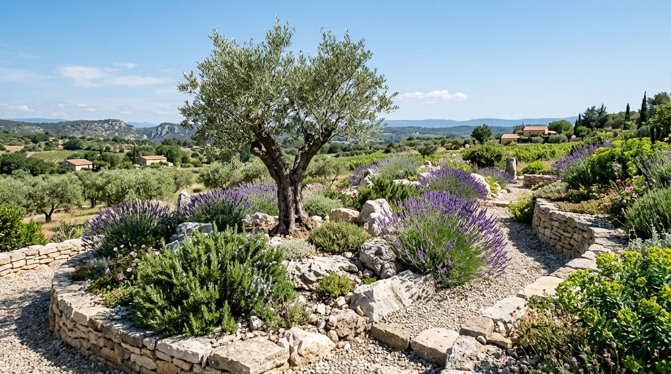 Rocaille méditerranéenne avec olivier, lavande et romarin