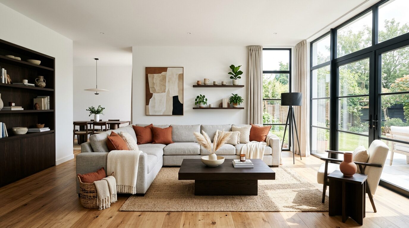 Salon combinant mobilier wengé, murs blancs et coussins terracotta