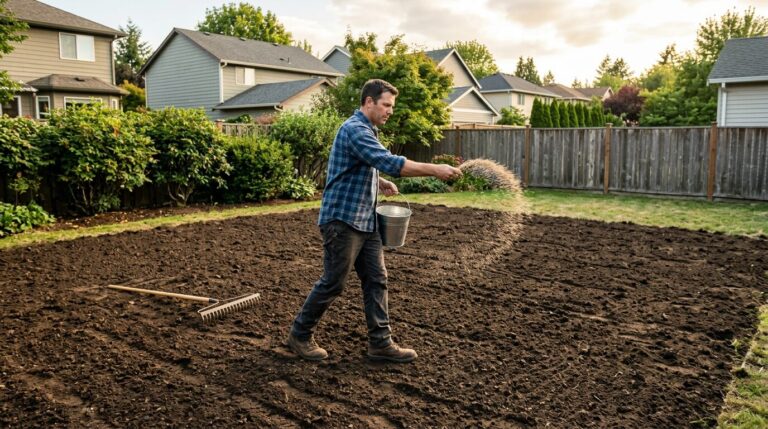 Semer une pelouse a la main dans un jardin Personne semant des graines de gazon a la main sur un sol prepare dans un jardin