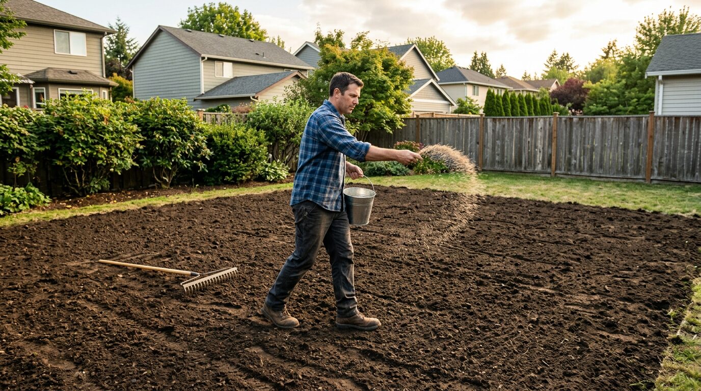 Personne semant des graines de gazon a la main sur un sol prepare dans un jardin