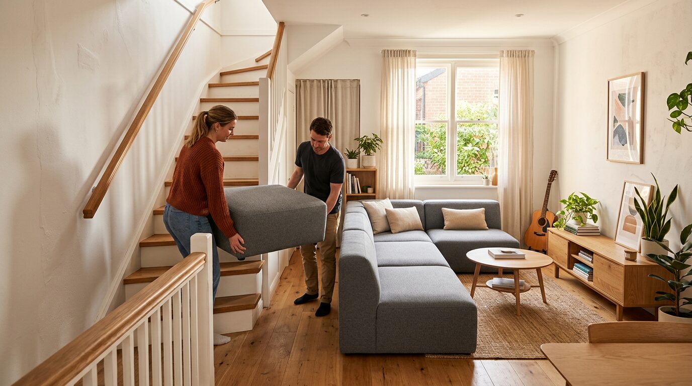 Canapé modulable dans un appartement compact Salon compact avec un canapé modulaire facile à déplacer près d'un escalier étroit