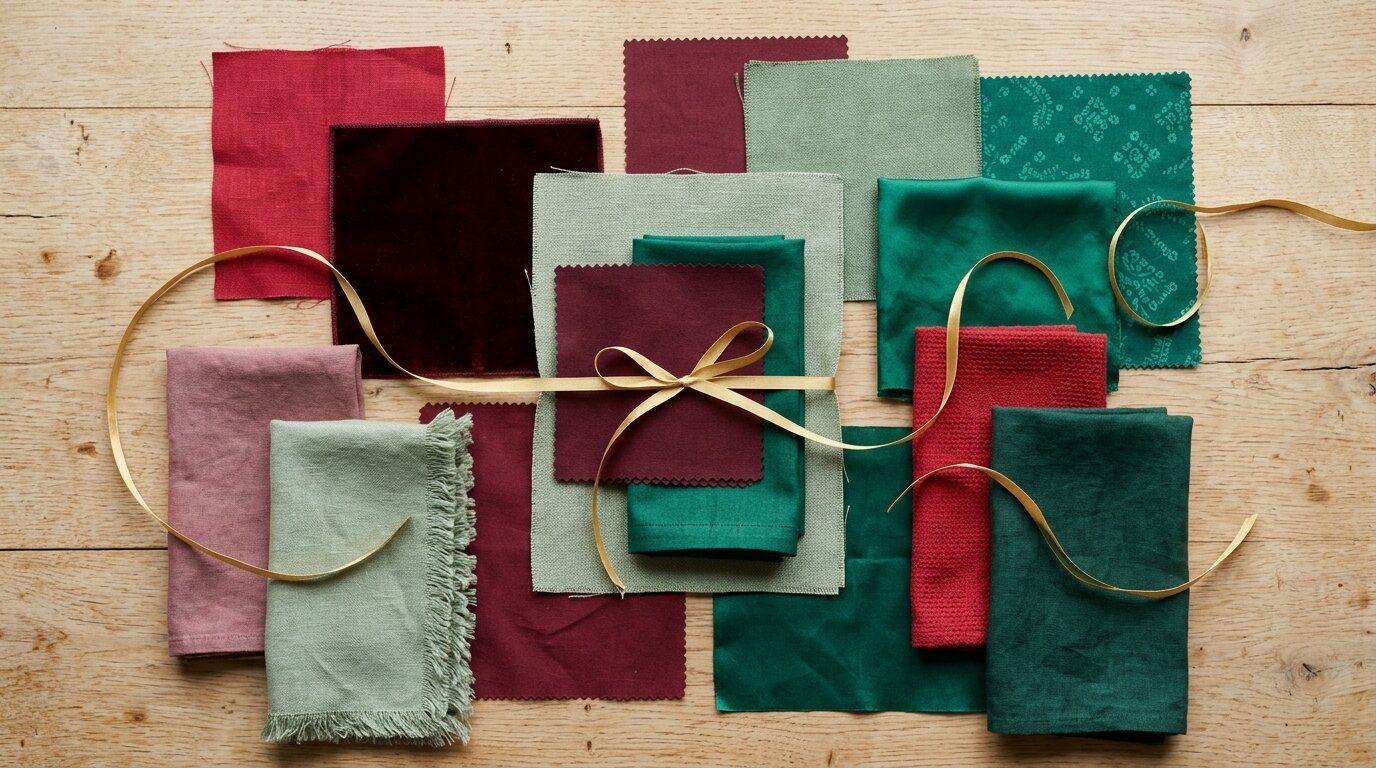 Échantillons de tissus rouge carmin et vert sauge pour une table de Noël