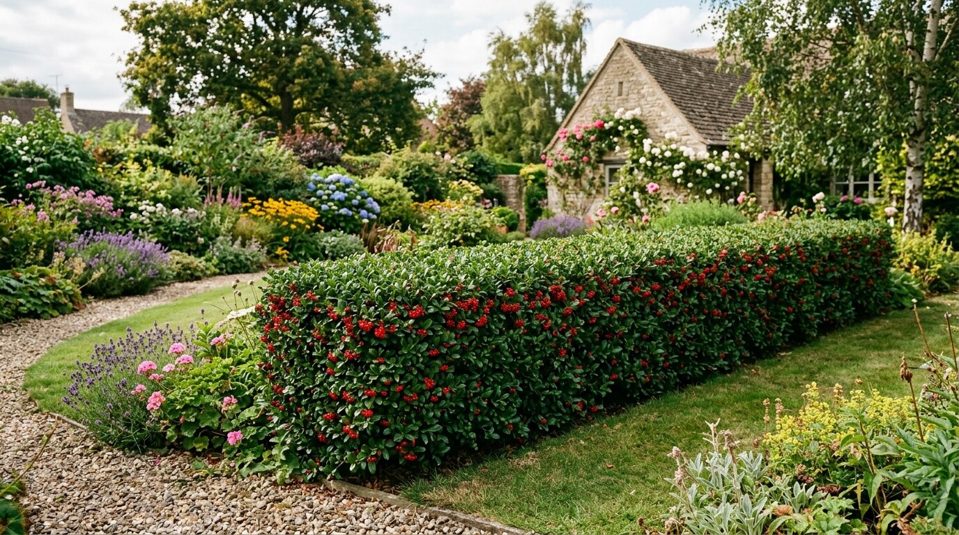 Haie basse de cotonéaster taillée au jardin Haie de cotonéaster persistant taillée avec ses baies rouges