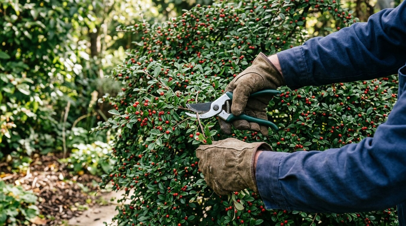 Sécateur pour tailler un arbuste à baies rouges Taille d'un arbuste à baies rouges au sécateur dans un jardin