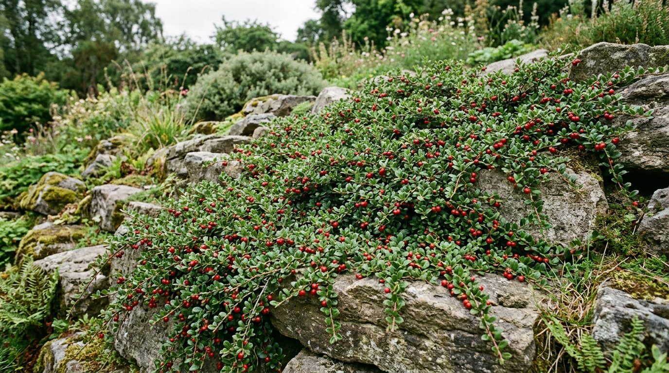 Arbuste couvre-sol rampant sur un talus Arbuste rampant à baies rouges couvrant un talus de jardin
