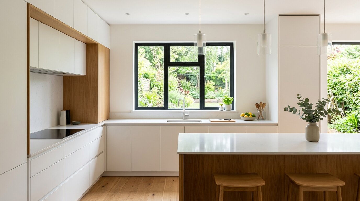 Fenêtre cuisine plan de travail Cuisine moderne avec fenêtre au-dessus du plan de travail et lumière naturelle