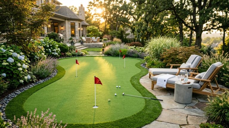 Décoration autour d'un putting green dans jardin Aménagement jardin avec putting green et mobilier