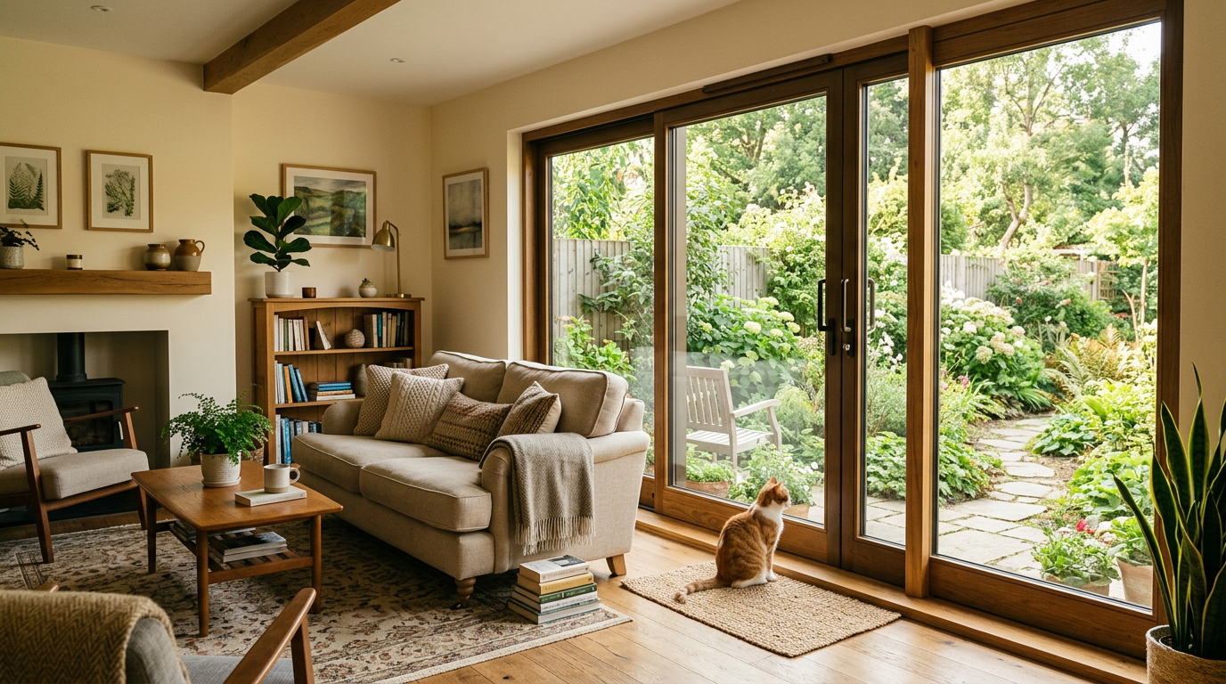 Chat attendant devant une baie vitrée coulissante Chat assis devant une baie vitrée coulissante donnant sur un jardin